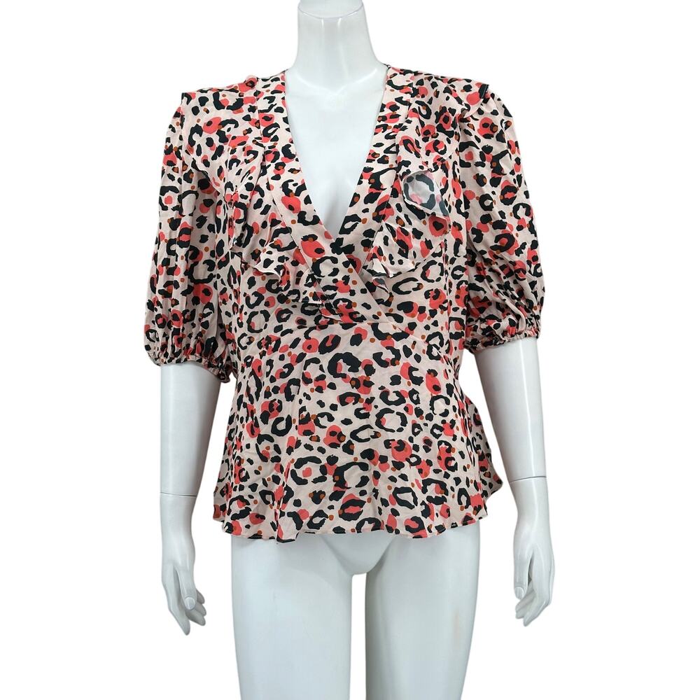 Ted Baker Top Womens 2 US 4 6 Pink Abstract Leopard Coralo Frilly Balloon Sleeve